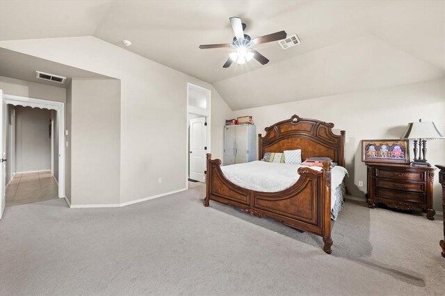 3401 First Capitol Cir, Guthrie, OK 73044 - bedroom featuring vaulted ceiling, carpet floors, baseboards, and ceiling fan