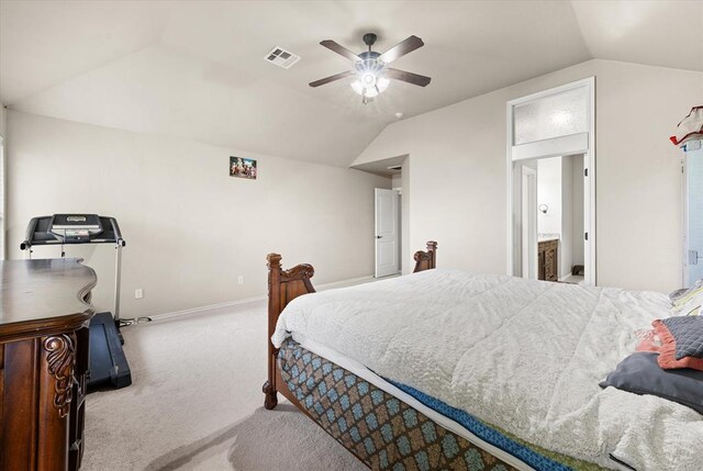 3401 First Capitol Cir, Guthrie, OK 73044 - carpeted bedroom with vaulted ceiling, ceiling fan, and baseboards