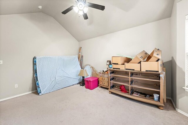 3401 First Capitol Cir, Guthrie, OK 73044 - game room with ceiling fan, carpet floors, vaulted ceiling, and baseboards