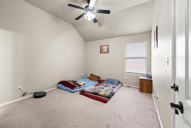 3401 First Capitol Cir, Guthrie, OK 73044 - carpeted bedroom with vaulted ceiling, baseboards, and a ceiling fan