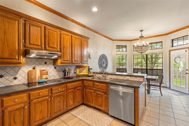 4001 Innsbrook Ct, Norman, OK 73072 - kitchen with stainless steel dishwasher, under cabinet range hood, black electric stovetop, a peninsula, and dark countertops