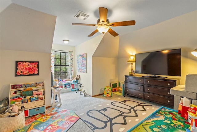 4001 Innsbrook Ct, Norman, OK 73072 - rec room featuring carpet, ceiling fan, and vaulted ceiling