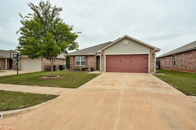 11513 SW 26th St, Yukon, OK 73099 - view of front facade with an attached garage, a front yard, concrete driveway, and brick siding