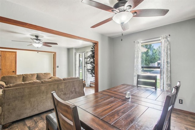 4211 Blue Sage Rd, Norman, OK 73072 - dining area featuring plenty of natural light, ceiling fan, dark wood-style floors, and baseboards