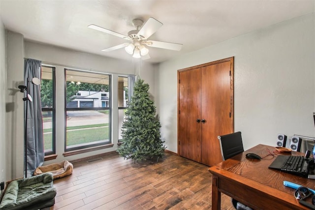 4211 Blue Sage Rd, Norman, OK 73072 - office area featuring wood finished floors and ceiling fan