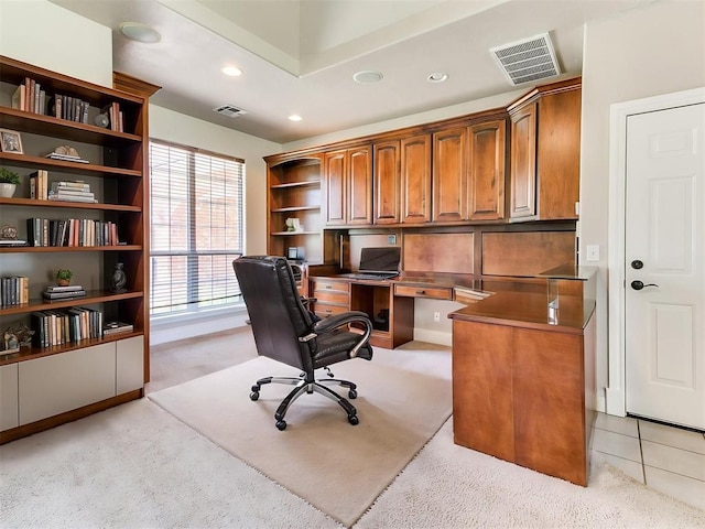 1031 Hidden Valley Ln, Choctaw, OK 73020 - office with light colored carpet, recessed lighting, and built in study area