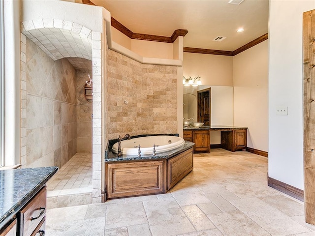 1031 Hidden Valley Ln, Choctaw, OK 73020 - full bath featuring crown molding, vanity, a jetted tub, stone tile flooring, and walk in shower