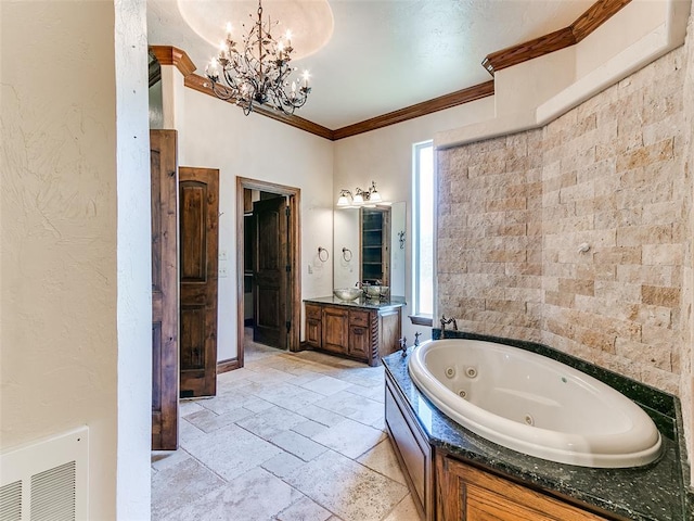 1031 Hidden Valley Ln, Choctaw, OK 73020 - full bathroom with stone tile floors, a whirlpool tub, a chandelier, vanity, and crown molding