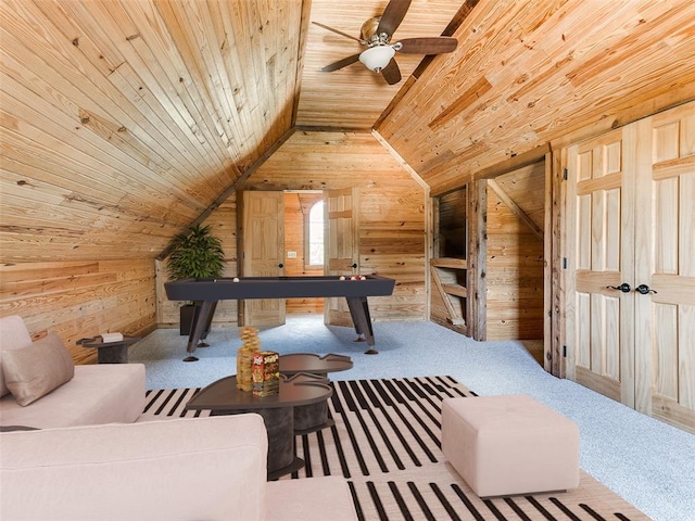 1031 Hidden Valley Ln, Choctaw, OK 73020 - recreation room with wood walls, wooden ceiling, vaulted ceiling, carpet flooring, and ceiling fan