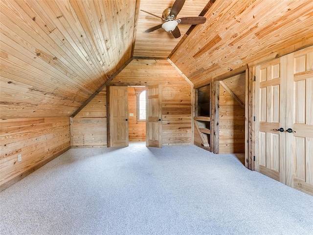 1031 Hidden Valley Ln, Choctaw, OK 73020 - bonus room with wood ceiling, wooden walls, lofted ceiling, a ceiling fan, and carpet floors