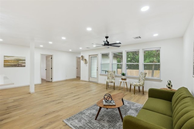 2800 NW 43rd St, Oklahoma City, OK 73112 - living room featuring light wood-type flooring, a ceiling fan, recessed lighting, and baseboards