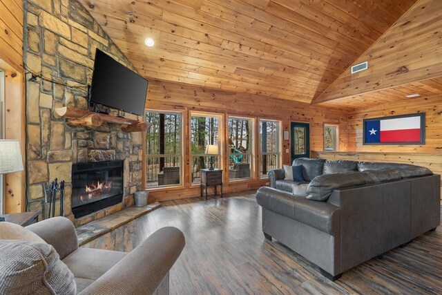 184 Almond Ln, Hochatown, OK 74728 - living room featuring wooden walls, a fireplace, high vaulted ceiling, wood finished floors, and wood ceiling