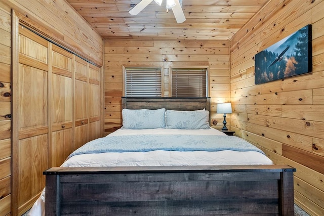 184 Almond Ln, Hochatown, OK 74728 - bedroom featuring wood ceiling, wooden walls, and ceiling fan