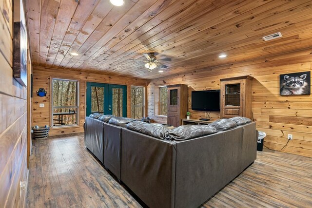 184 Almond Ln, Hochatown, OK 74728 - living room with wood ceiling, ceiling fan, wood walls, recessed lighting, and wood finished floors