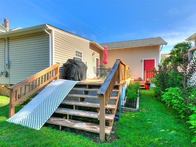 913 E Harrison Ave, Guthrie, OK 73044 - deck featuring stairway, a yard, and grilling area