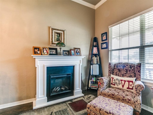 913 E Harrison Ave, Guthrie, OK 73044 - sitting room with crown molding, baseboards, a glass covered fireplace, and wood finished floors