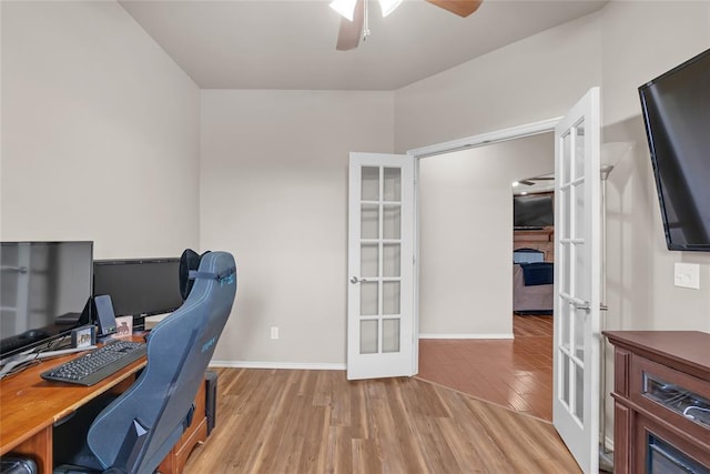 13640 Ridge View Ln, Edmond, OK 73025 - home office with french doors, ceiling fan, and wood finished floors