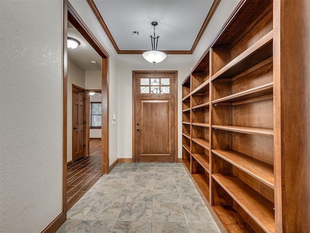 2120 Turtle Creek Dr, Norman, OK 73071 - doorway to outside featuring baseboards, ornamental molding, and stone finish floors