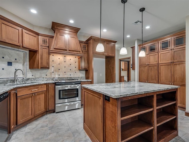 2120 Turtle Creek Dr, Norman, OK 73071 - kitchen featuring stainless steel appliances, a sink, brown cabinetry, custom range hood, and recessed lighting