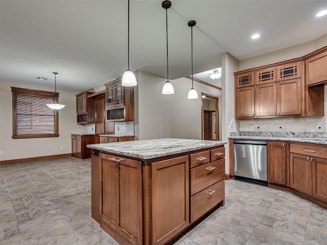 2120 Turtle Creek Dr, Norman, OK 73071 - kitchen with stainless steel dishwasher, backsplash, glass insert cabinets, and baseboards