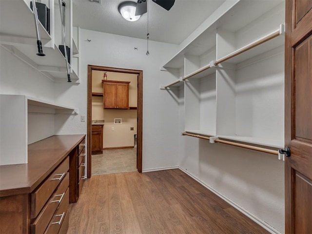2120 Turtle Creek Dr, Norman, OK 73071 - spacious closet with light wood-style flooring and ceiling fan