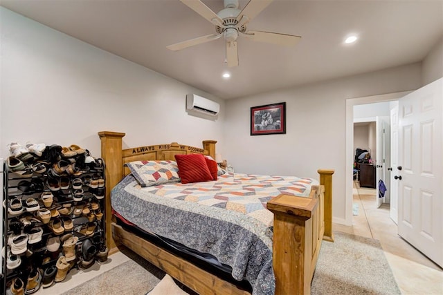 bedroom with a wall mounted AC, recessed lighting, and a ceiling fan