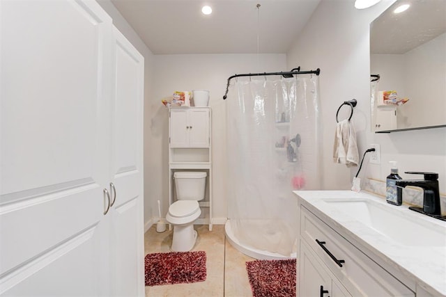 full bathroom with vanity, a stall shower, recessed lighting, and tile patterned flooring