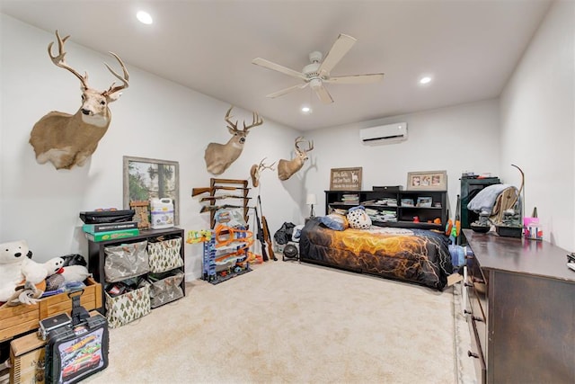 carpeted bedroom featuring an AC wall unit, recessed lighting, and ceiling fan