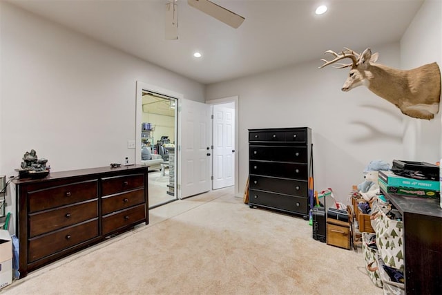 bedroom with carpet floors, recessed lighting, and ceiling fan