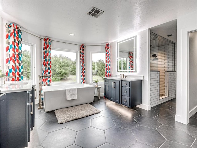 2113 Highlands Lndg, Edmond, OK 73013 - bathroom with vanity, a freestanding tub, plenty of natural light, recessed lighting, and a stall shower