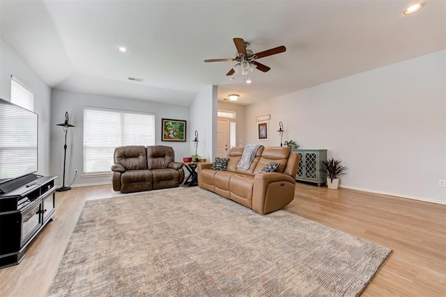 405 Bright Angel Trl, Edmond, OK 73003 - living room featuring light wood-type flooring, a ceiling fan, recessed lighting, and baseboards
