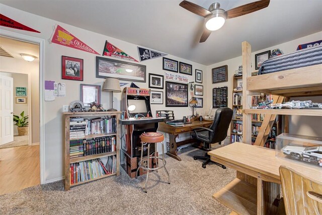 405 Bright Angel Trl, Edmond, OK 73003 - office area with ceiling fan, carpet flooring, and baseboards