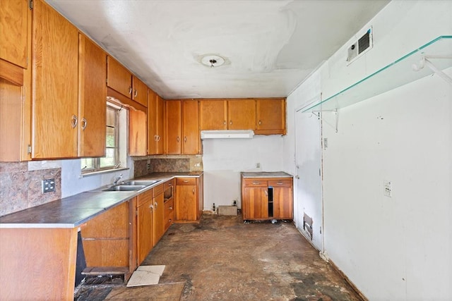 5321 S Douglas Ave, Oklahoma City, OK 73109 - kitchen featuring a sink, brown cabinetry, decorative backsplash, and unfinished concrete floors