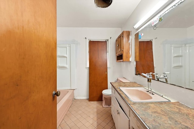 5321 S Douglas Ave, Oklahoma City, OK 73109 - bathroom with vanity, tile patterned flooring, toilet, baseboards, and bathing tub / shower combination