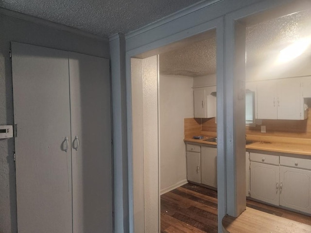 1003 E Whittaker St, Shawnee, OK 74801 - kitchen featuring wood finished floors, a textured ceiling, white cabinetry, and light countertops