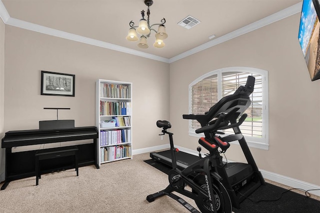 1204 Sheryl Ln, Altus, OK 73521 - workout area with a chandelier, crown molding, carpet floors, and baseboards