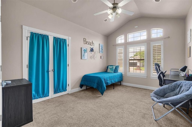 1204 Sheryl Ln, Altus, OK 73521 - carpeted bedroom with lofted ceiling, baseboards, and ceiling fan