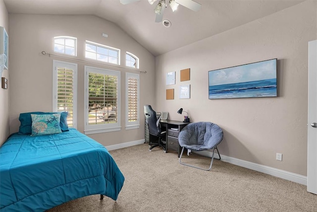 1204 Sheryl Ln, Altus, OK 73521 - bedroom featuring vaulted ceiling, carpet flooring, baseboards, ceiling fan, and an office area