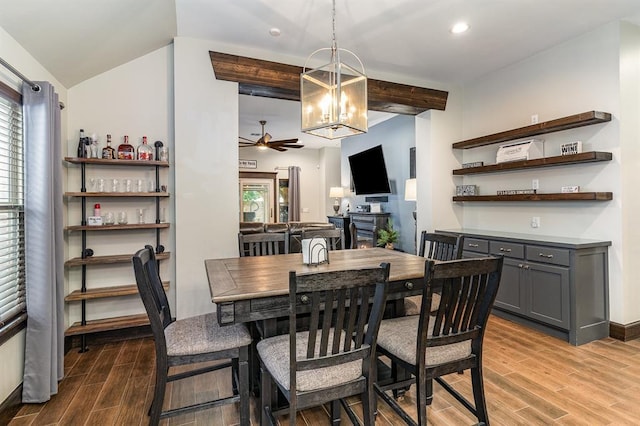 17912 Marron Dr, Edmond, OK 73012 - dining space with wood finished floors, ceiling fan, recessed lighting, a chandelier, and baseboards