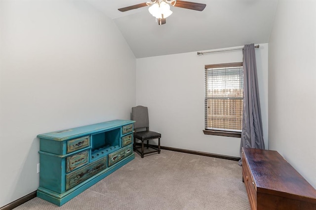 17912 Marron Dr, Edmond, OK 73012 - sitting room featuring lofted ceiling, ceiling fan, carpet, and baseboards