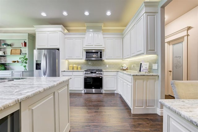 3366 Antler Vly, Guthrie, OK 73044 - kitchen with stainless steel appliances, dark wood-type flooring, white cabinetry, light stone counters, and tasteful backsplash