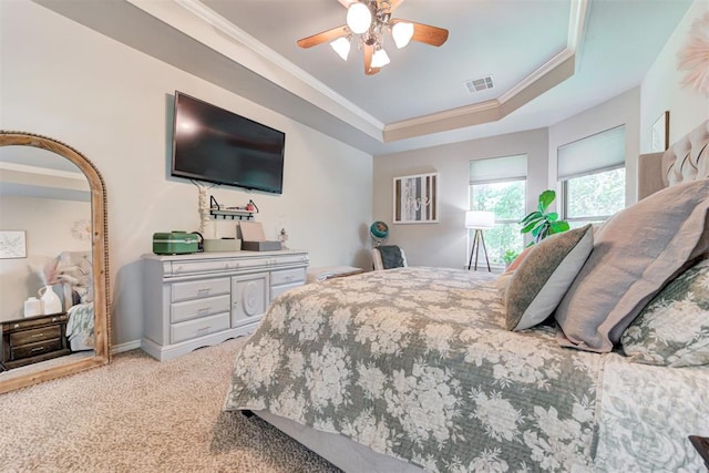 3366 Antler Vly, Guthrie, OK 73044 - bedroom featuring ornamental molding, light carpet, a raised ceiling, ceiling fan, and baseboards