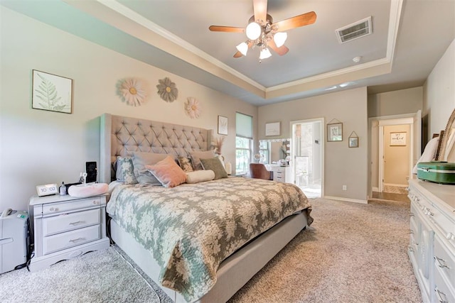 3366 Antler Vly, Guthrie, OK 73044 - bedroom featuring a raised ceiling, crown molding, light carpet, baseboards, and ceiling fan