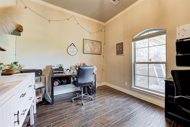 3366 Antler Vly, Guthrie, OK 73044 - office with crown molding, dark wood finished floors, and baseboards