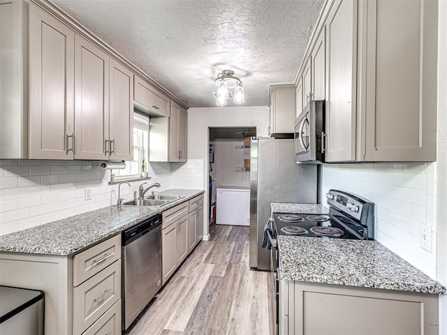 621 W 2nd St, Calumet, OK 73014 - kitchen with appliances with stainless steel finishes, gray cabinets, a sink, tasteful backsplash, and a textured ceiling