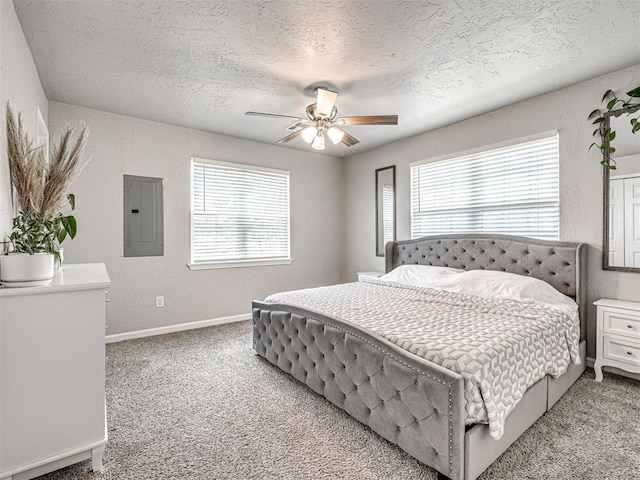621 W 2nd St, Calumet, OK 73014 - bedroom with electric panel, light colored carpet, a textured ceiling, ceiling fan, and baseboards