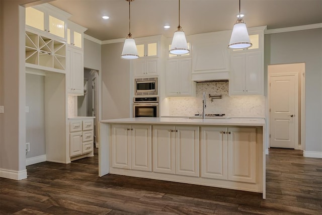 12916 Ponderosa Blvd, Oklahoma City, OK 73142 - kitchen featuring stainless steel appliances, light countertops, ornamental molding, baseboards, and decorative backsplash