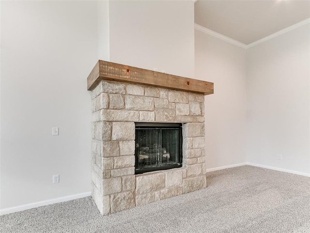 14613 Brantwood Cir, Oklahoma City, OK 73142 - detailed view of carpet flooring, baseboards, ornamental molding, and a fireplace