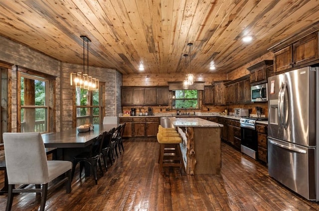31 Conifer Crossing Trl, Broken Bow, OK 74728 - kitchen with stainless steel appliances, wood ceiling, a center island, dark wood-type flooring, and dark brown cabinetry
