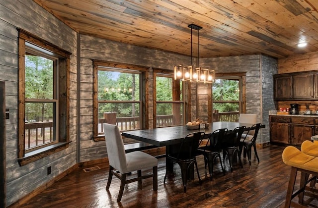 31 Conifer Crossing Trl, Broken Bow, OK 74728 - dining space with wood ceiling, dark wood-style floors, plenty of natural light, and a chandelier